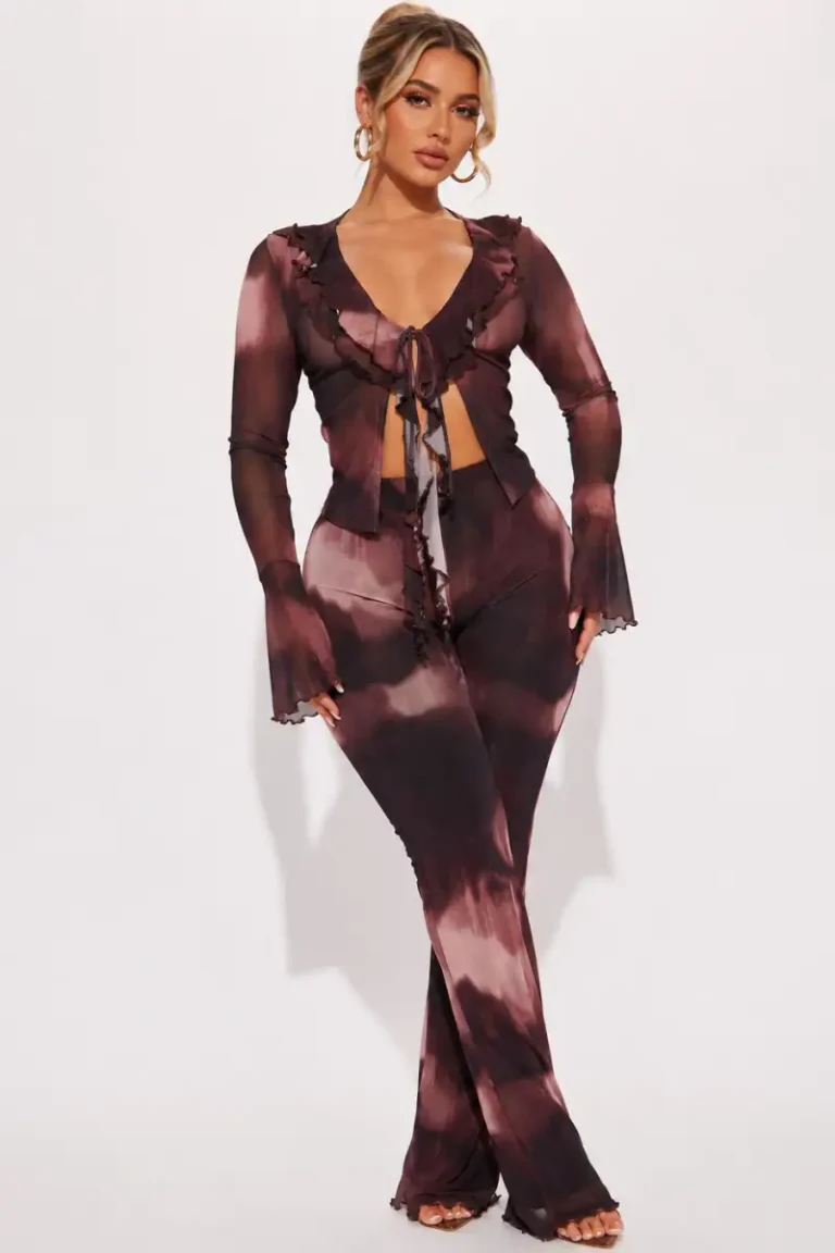 Ruffle Long Sleeve Mesh Cropped Flyaway Top Flare Pant Set