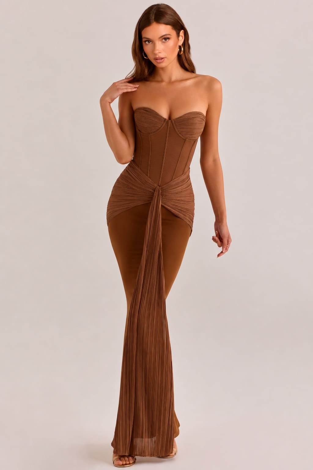 Cocoa Ruched Strapless Gown