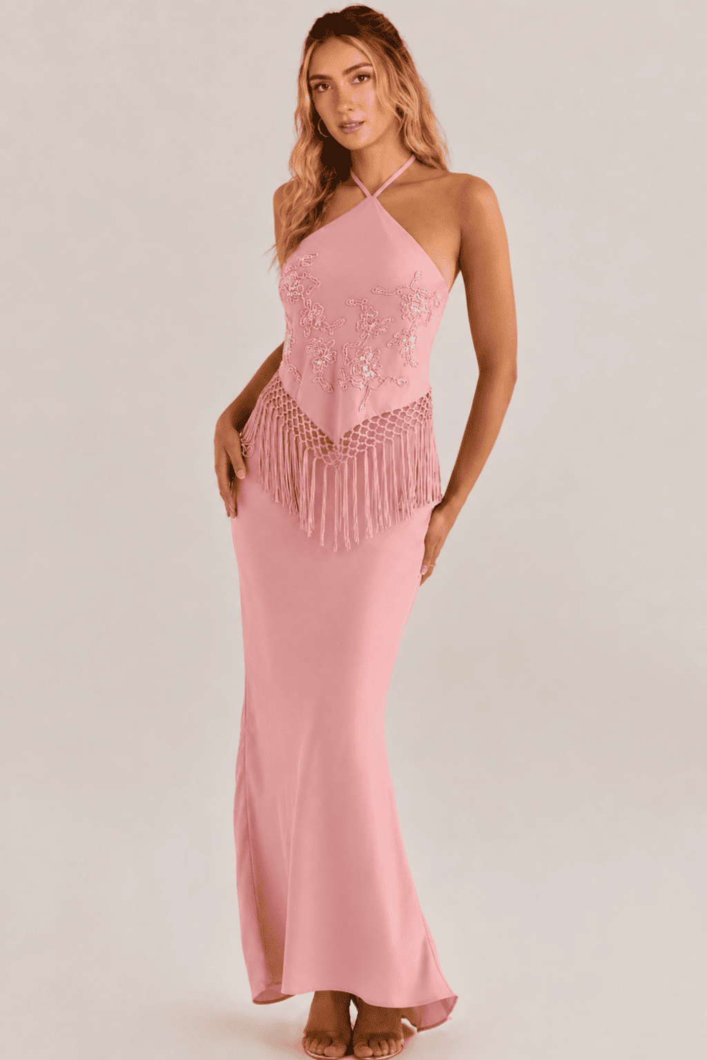 Pink Embellished Halter Evening Dress