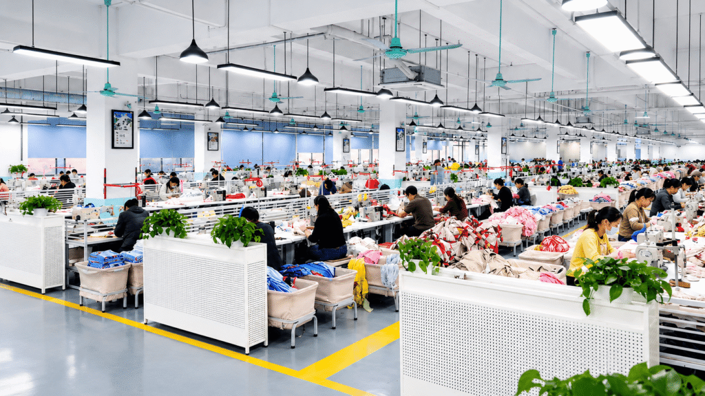 Duolan garment production workshop video cover showing sewing lines and apparel production
